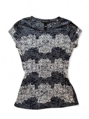 Dark Gray Short Sleeve Tee with White Lace Motif and Rhinestones